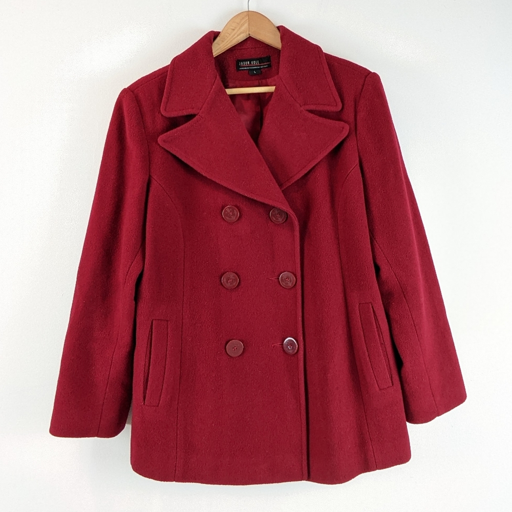 Red Wool Double Breasted Pea Coat by Jason Kole